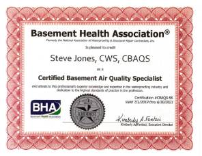 BHA Certificate of Basement Air Quality Specialist